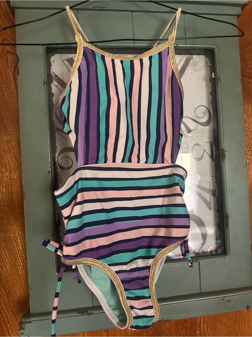 Striped One-Piece Swimsuit with Gold Trim - Pastel Multicolor
